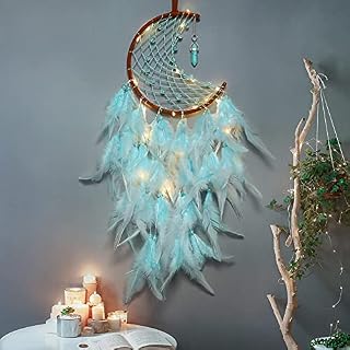 Dremisland Moon Dream Catcher with Fairy Lights Handmade Green Turquoise Pendant Wall Hanging Ornament for Home Bedroom Wall Decoration Craft Gift (Green)
