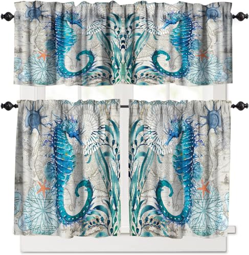 Sea Seahorse Kitchen Curtains and Valances Set Hawaiian Ocean Animal Teal Decoration Kitchen Window Curtains Tier and Valance Curtain Set for Bedroom Living Room 54x18 & 27x24x2, 3 Panel