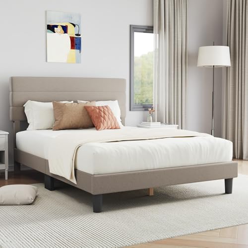 Novilla Full Size Bed Frame with Headboard, Full Bed Frame with Wooden Slats Support, Linen Upholstered Stripe Headboard, No Box Spring Needed, Heavy Duty Feet, Easy Assembly, Beige by Novilla - Image 3