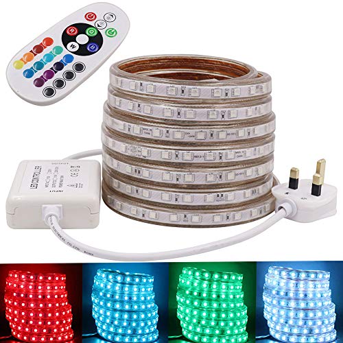 GQL 2m AC 220V RGB LED Strip Lights with Remote Controller, Multi Color Changing 5050 SMD Rope Light Waterproof for Indoor Outside Decoration- 60 LEDs/m