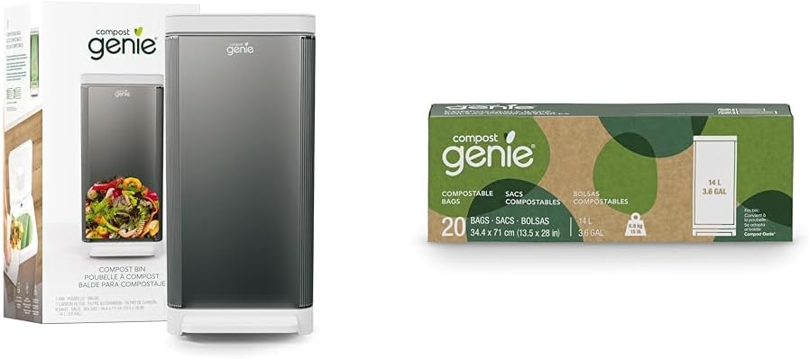 Kitchen Compost Bin, Silver Stainless-Steel Large, 3.6 Gallon + Compostable Bags, 20 Count (Bundle)