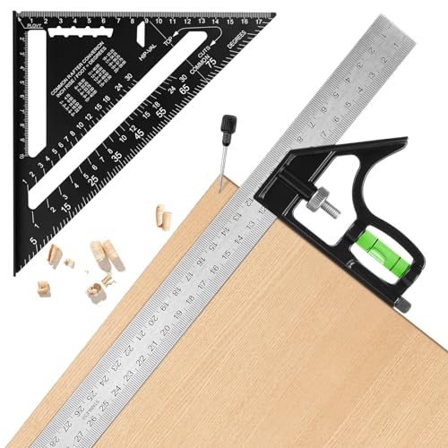 Flintronic Juego de Escuadra y Regla de Carpintero(set de 2), Kit Completo Escuadras Metalicas Carpintero - Escuadra Metalica 300mm + Herramienta de Medir 180mm - Escuadra Combinada 1 Para Bricolaje