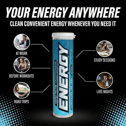 Image of Xero Picks Energy Caffeine Flavored Toothpicks B12 for Focus & B6, 60 Picks (Pack of 3) (Cool Mint) Sugar-Free Alternative to Energy Mints & Gum - Kosher