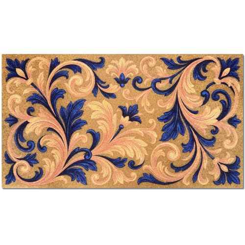 Klyyo Clyro 17 x 30 Inch Boho Floral Coir Doormat Vintage Flower Doormat Persian Inspired Design Blue Orange Spring Outdoor Decor Welcome Mat with Anti Slip TPR Backing for Front Door Porch Entryway
