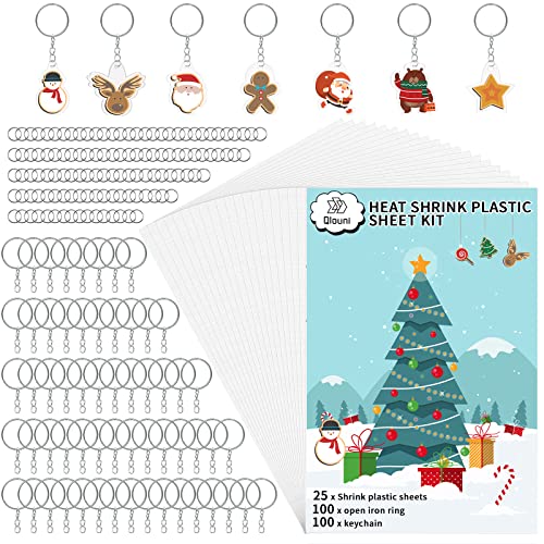 Kit de 225 Piezas de Plástico Termocontraíble, Plástico Película Retráctil Papel de Arte Termoencogibles en Blanco Incluye 200 Piezas llaveros Bricolaje, para Hacer Llaveros y Manualidades Creativas Cover
