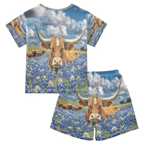 ALAZA Highland Cow Blue Flower Pajamas Set Short Sleeve Cotton Sleepwear Summer Pjs 2 Piece 5-14Y2