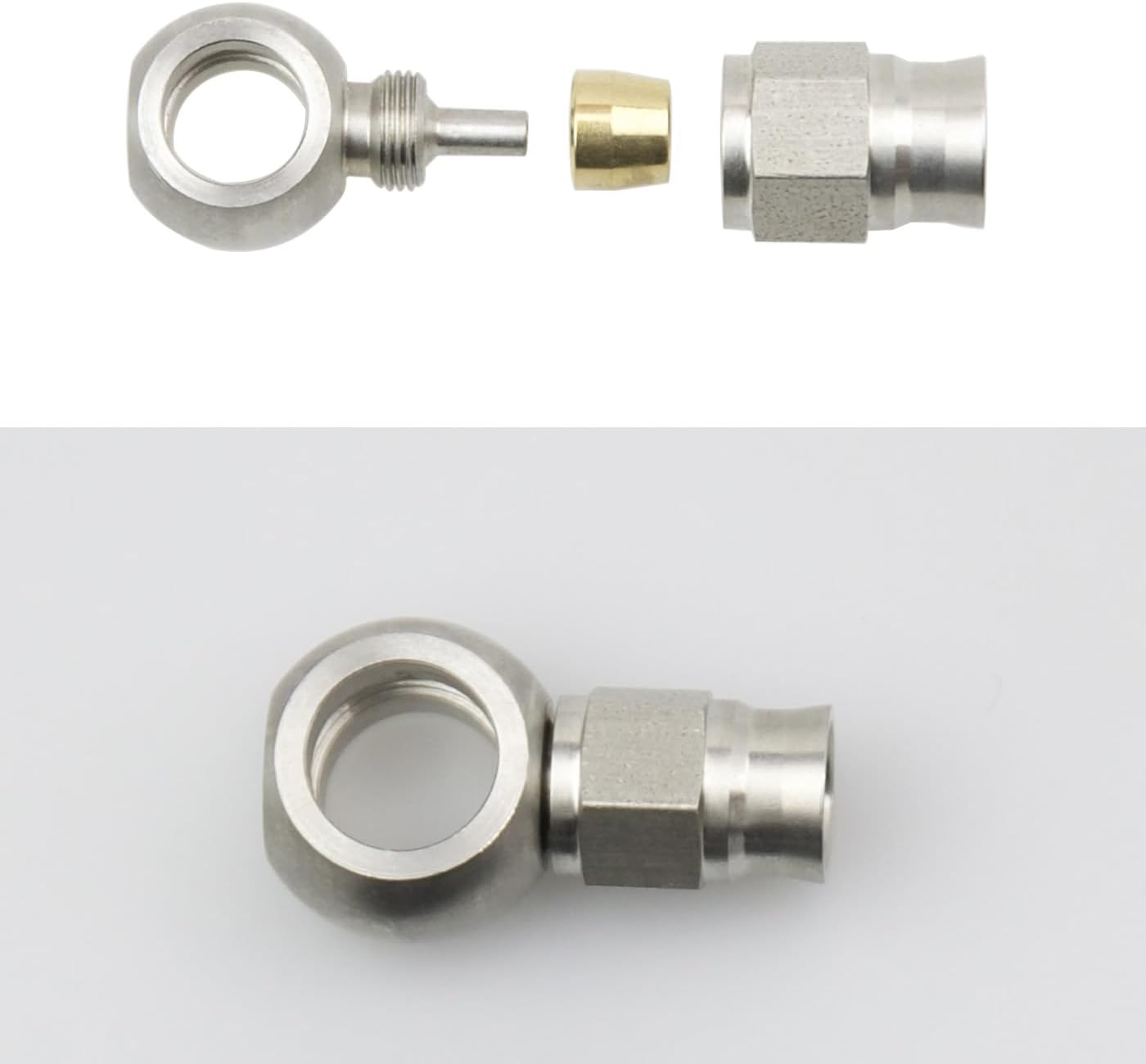 Stainless Steel 45 Degree Brake Hose End Fitting Banjo Eye Hole Diameter 11.2mm (7/16) to AN3 PTFE Brake Hose Line With Brass Olive