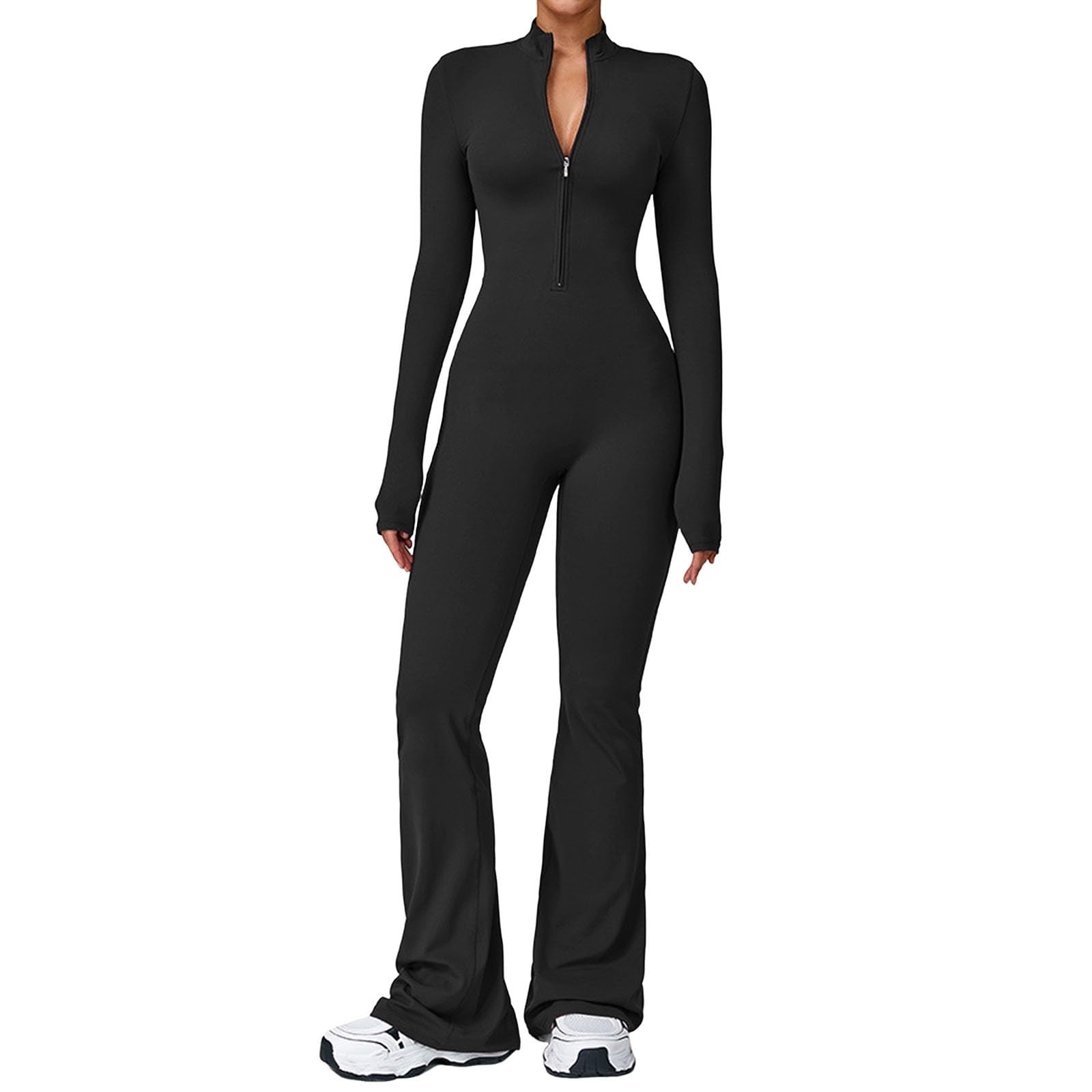Combinaison à manches longues avec jupe évasée et fermeture éclair pour femme, combinaison élégante avec jambes larges, combinaison polyvalente de yoga pour activités sportives, loisirs, catsuit