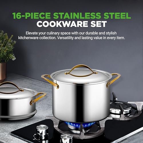 Image of NutriChef 16-Piece Stainless Steel Kitchenware - Pots & Pans Set Clad Kitchen Cookware with Nylon Utensils, Fry Pan Interior Coated with Prestige Ceramic Non-Stick Coating, Stylish Kitchen Cookware
