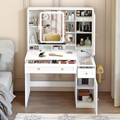 Pamapic Glass Top Sliding Mirror Vanity Desk with Lights, Makeup Vanity with Jewelry Storage, 3 Drawers, 12 Compartments, Golden Handles, 3 Color Dressing Table with Charging Station, Bedroom, White