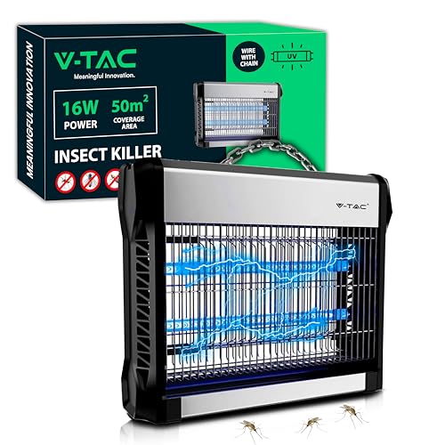 V-TAC Insektenvernichter Elektrisch 16W mit Wirkungsbereich von 50 m² – Schlankes Design – Insektenvernichter mit Blauem UV-LED-Licht für Innen und Außenbereich – Elektrische Falle Mücken und Insekten