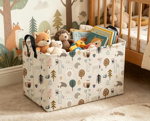 Image of Sanjiaofeng Rectangular Cute Animals Storage Baskets,Foldable Kids Toy Clothes Bins for Bedroom,Woodland Animal Basket,Books Box, Gift Basket(Tree Trunk Animals)