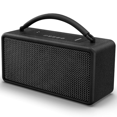 DINDIN Portable Bluetooth Speaker: 80W (Peak), 20H Playtime, Loud Wireless Wood Speakers with Bass, AUX and USB Input, Subwoofer, TWS Pairing, Vintage Speaker for Outdoor, Home, Office (Black)