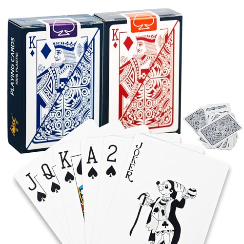 2 Decks Wasserfeste Plastik Spielkarten, Kunststoff Spielkarten, 100% Wasserdichter Kunststoff Poker Karten, Rot und Blau Playing Cards, für Canasta, Texas, Go Fish, Blackjack Kartenspiele