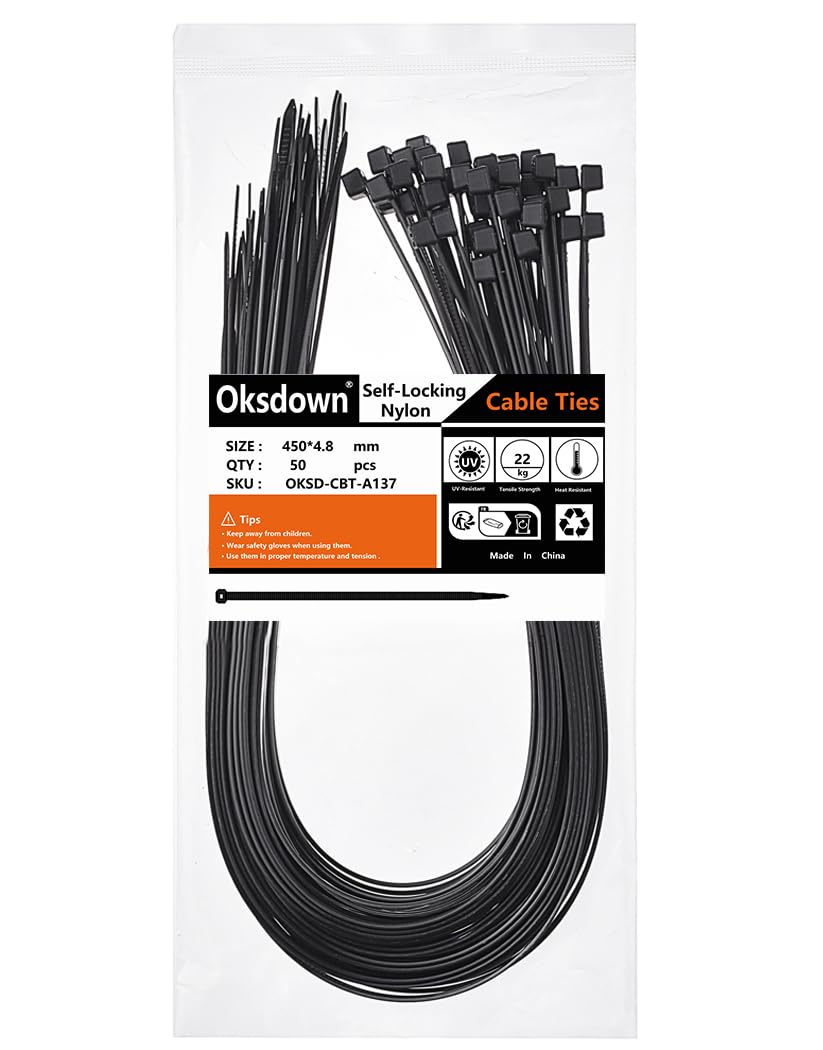 OksdownCable Ties 450mm×4.8mm Black Thick Heavy Duty Large Strong Nylon Plastic Self Locking 18 inch/45 cm Extra Long Zip Tie Wraps, 50 Pack