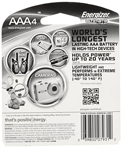 Energizer L92BP-4 Ultimate Lithium AAA Batteries, World’s Longest-Lasting AAA Battery in High-Tech Devices (4 Pack)