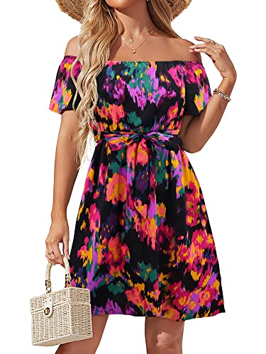Image of Off Shoulder Ruffle Dress for Women, A-Line Mini Dress with Belt, Fitted Bust Summer Wedding Guest Dress