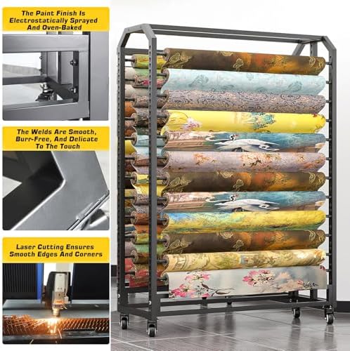 Rolling Fabric Storage Rack, Vinyl Wrap Holder with Wheels, Large Textile Cart for Leather, Window Film & Wallpaper Rolls (16 Rods) - Organize & Transport Fabrics Easily!