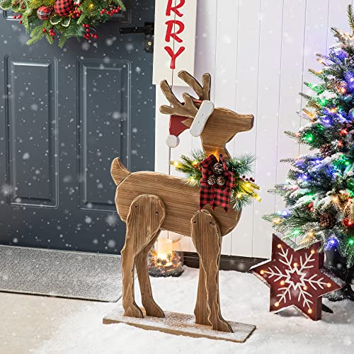 Image of Glitzhome 36 inch H Lighted Wooden Christmas Chunky Reindeer Porch Sign Standing Deer Porch Decor Rustic Merry Christmas Welcome Sign Holiday Party Outdoor Indoor Xmas Decorations