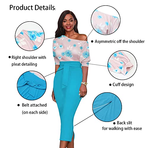 Womens Floral Print Cocktail Off Shoulder Belted Work Midi Pencil Dress2