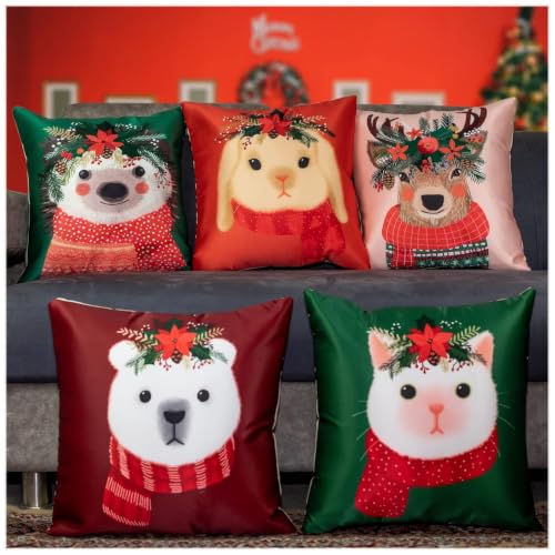 Image of Decorative Satin Sofa Cushion Covers Set of 5, 16 x 16 Inches, Multicolor Floral Printed Pillow Covers for Living Room, Bedroom, Couch & Sofa, Soft Glossy Fabric, Zipper Closure