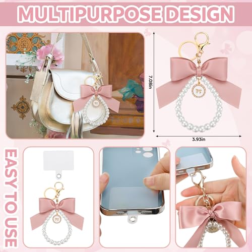 Reginary 2 Pcs Coquette Pink Makeup Bag Pearl Bow Wristlet Keychain Set Canvas Preppy Cosmetic Bag Aesthetic Cute Zipper Pouch Travel Toiletry Bag Coquette Gift Accessories for Women(Bow)4