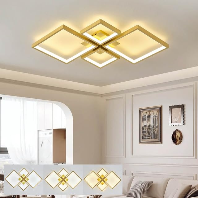 KeLuKes Plafonnier LED Moderne Carré 73cm Lustre avec Télécommande 60W Dimmable 3000k-6500k Fonction Mémoire Lampe Or pour Chambre Salon
