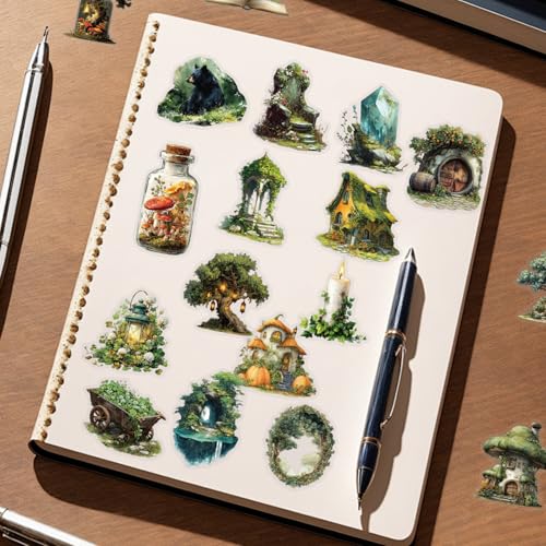 Image of 50PCS Vintage Fantasy Forest Clear Stickers for Scrapbooking - Green Fairycore Cottagecore Aesthetic Stickers for Journaling, Bullet Diary, Planners, Nature Botanical Decals