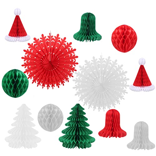 FOGAWA 12pcs Eventails en Papier Rouge Boules en Nid d'abeille pour Noël 3 Couleurs Noel Éventail Rond Décoration d'éEventail en Papier Arbre de Noël en Papier pour Les fêtes de Noël