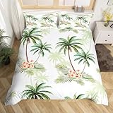 Erosebridal Palm Tree Bedding Set Vintage Red Flower Duvet Cover Hawaiian Tropical Leaves Comforter Cover Plant Petals Green Branches Bedspread Cover for Kid Adult, Decor 3 Pcs Full Size