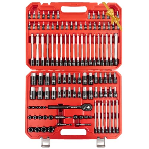 LLNDEI 115-Piece Torx & Allen Bit Socket Set 1/4 3/8and 1/2 Drive Extra Long Torx//Tamper Proof Torx/Hex/Ball End Hex Socket Set S2 Steel SAE/Metric with Ratchet Wrench & Adapters