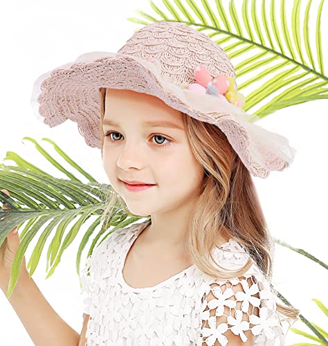 Bienvenu Kids Girls Straw Hat with Two Flowers, Toddler Wide Brim Sun Hat, Girls Hat for Summer Beach Travel Party Outdoor2