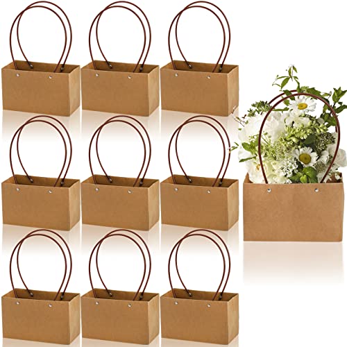 DEAYOU 10-Pack Kraft Paper Flower Gift Bags Brown Bouquet Bag Box with Handle Small Brown Paper Carrier Tote Bags with Waterproof Lining for Floral Arrangements Party Favor Ultra Thick