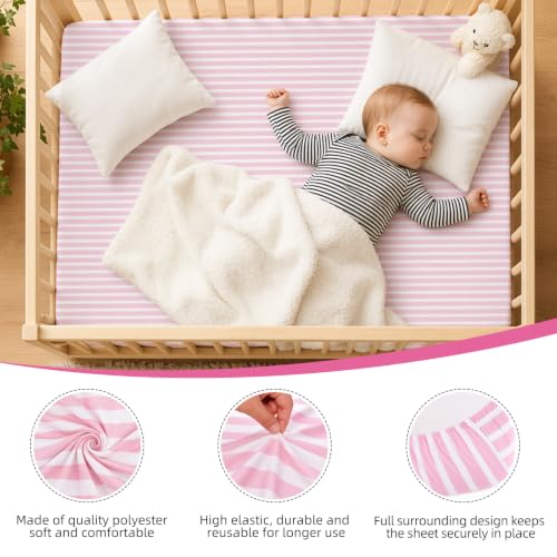 Image of 4 Pack Pink Bow Crib Sheets Girls - Fits Standard 52 inchx28 inchx8 inch Crib & Toddler Mattress, Soft Breathable Polyester Baby Nursery Bedding, Coquette Bow Polka Dot Stripe Printed Fitted Sheets for Girls