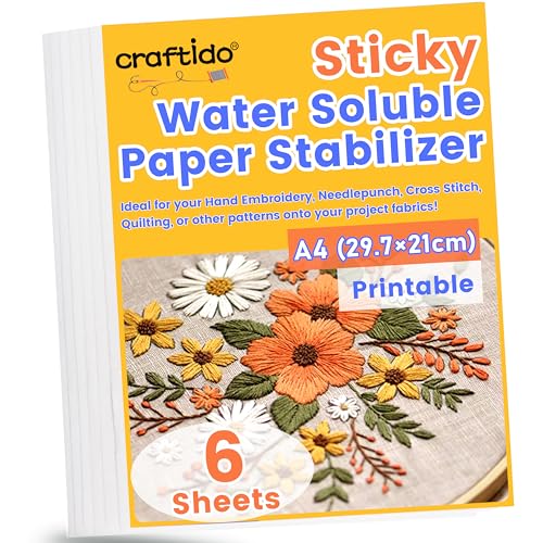 Craftido A4 6PCS (29.7x21cm) Estabilizador de bordado Autoadhesivo soluble en agua Papel Disolvente Imprimible, Peso Medio Permitido para Imprimir o Dibujar Patrones, Bordado a Maquina y a Mano