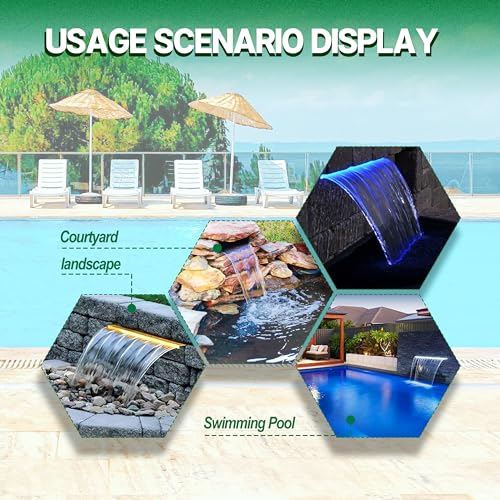 Longrun 60cm Teich Wasserfall Klingen Set, 304 Edelstahl Gebogener Wasserfall mit 7 Farben Bluetooth LED und Fernbedienung, Breite 25.5cm