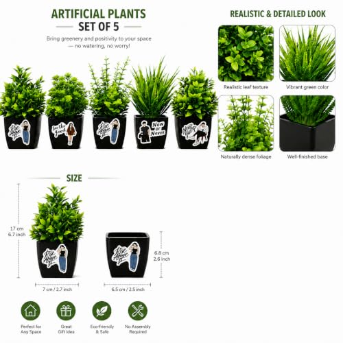 Image of Artificial Plants with Motivational Quote Pots Set of 5 | Mini Fake Plants for Home Decor | Indoor Office Desk Table Decor | Decorative Plastic Planters for Living Room, Bedroom, Balcony & Gift Items