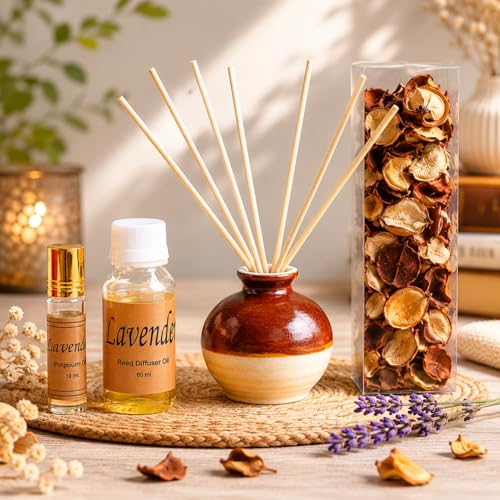 Image of AuraDecor Reed Diffuser Gift Set with Potpourri, Fragrance Oil & 6 Reed Sticks | Air Freshener for Living Room, Bedroom & Office | Decorative Aroma Diffuser Gift Set (Lavender, X-Large)