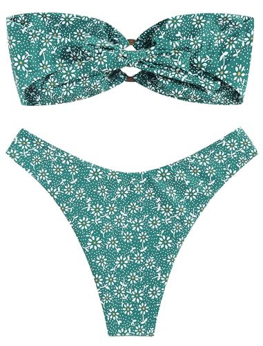 Image of ZAFUL Women's Bandeau Bikini O Ring Strapless Tie Back High Cut Two Piece Swimsuit Bathing Suits