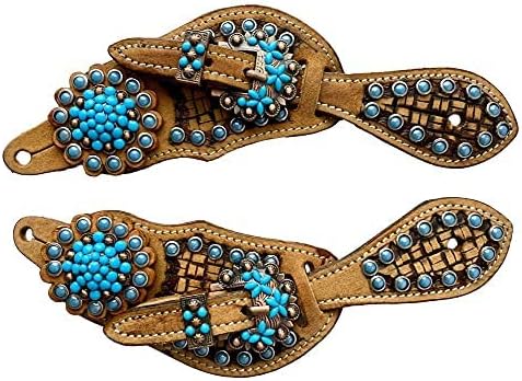 Showman Youth Basketweave Tooled Spur Straps w/Turquoise Beading