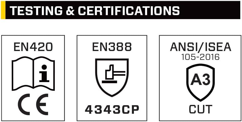 Certifications icons for EN420, EN388 (4343CP), and ANSI/ISEA 105-2016 (A3 CUT)