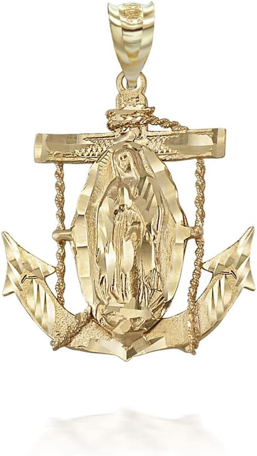 Religious Jewelry 10K Yellow Gold Our Lady of Guadalupe Immaculate Conception Mariner Anchor Pendant Necklace - Choice of Pendant Only or Chain Length