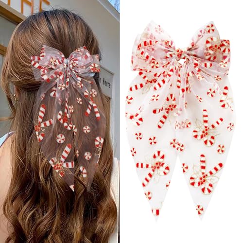 Pinzas para el cabello con moño navideño de bastón de caramelo, accesorios para el pelo rojo y blanco, ideal para fiestas, fotos y regalos (1 unidad)