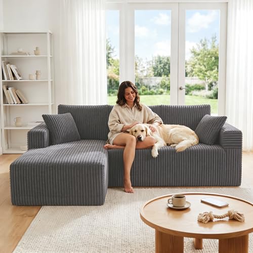 Image of 92.5 inch Modualr Sectional Sofa, L-Shaped Corduroy Cloud Couch with Chaise, Upholstered Boneless Couches for Living Room Bedroom, No Assembly Required - Grey(Left Facing Chaise)
