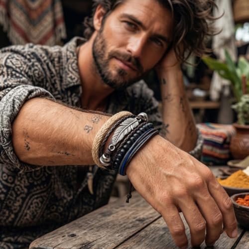 Image of Young & Forever Multi-Layer Leather Bracelet for Men | Adjustable Handmade Wrap Bracelet with Beads, Anchor, Evil Eye, Feather & Boho Charms | Vintage Punk Casual Wristband Gift for Men & Boys