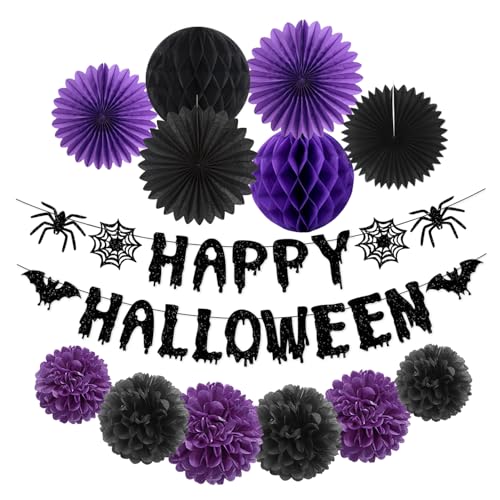 Image of Purple Black Happy-Halloween Party Decorations - 13PCS Spider Web Bats Streamers Banner ,Paper Flowers Lanterns Tissue Pom Poms Fans, Classroom Birthday Bachelorette Hanging Supplies Decor Hugfond