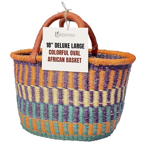 Africa Heartwood Project - Deluxe Large Oval Colorful African Basket with Leather Handle - Classic Heartwood Bolga Market Basket from Women in Bolgatanga, Ghana - 18" Oval Flat-packed