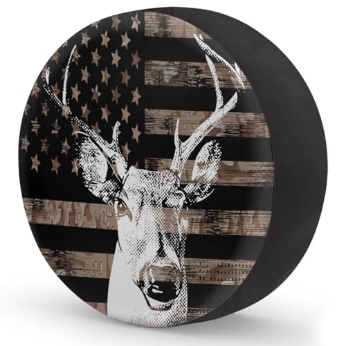 Image of American Flag Camo Tire Covers Protectors Weatherproof Dust-Proof Deer Animal Spare Wheel Cover Fit for Jeep Wrangler RV, SUV, Truck Travel Camper Trailer Vehicle 14 inch