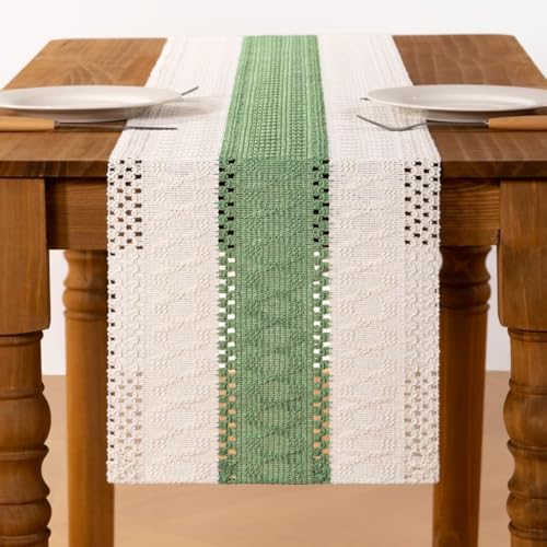 Image of MLMC Sage Green Boho Table Runner Farmhouse Macrame Woven Table Runner 48 inch Long Rustic Cotton Linen Blend Table Decor for Dinning Kitchen Wedding Bridal Shower Eveyrday Use 12x48 Inch