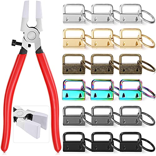 90 Pieces Key Fob Hardware Set 1 Inch Key Lanyard Making Supplies and Metal Glass Running Pliers Key Fob Pliers 7.87 Inch for DIY Craft Wristlet Keychain, 6 Colors